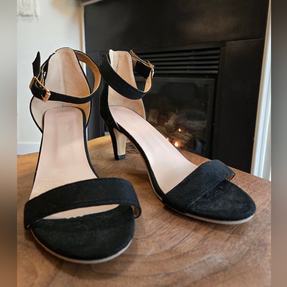 DONATED - Black Velvet Open Toe Sandals with 3" Heels and Adjustable Ankle Strap - Picture 6 of 11